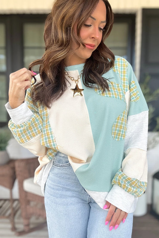 Light blue plaid flower patchwork top styled with denim
