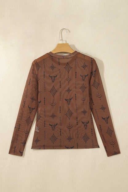 Full front view of chestnut western print long sleeve mesh top