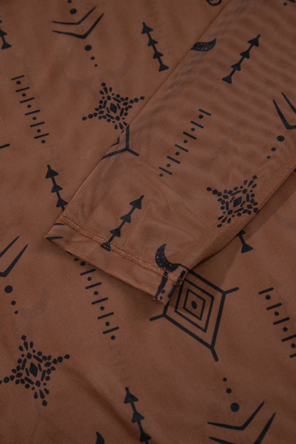 Back view of chestnut western print mesh top