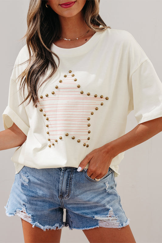 Beige Star Print Stud Detail Cotton Jersey Top