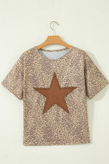 Khaki leopard studded star patch tee - flat lay back on hanger showing relaxed silhouette and curved hem