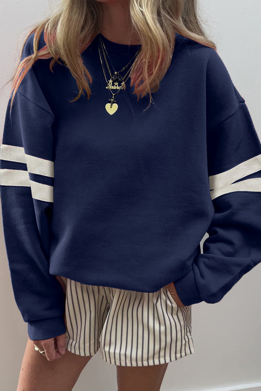 Navy Blue Varsity Striped Oversized Sweatshirt