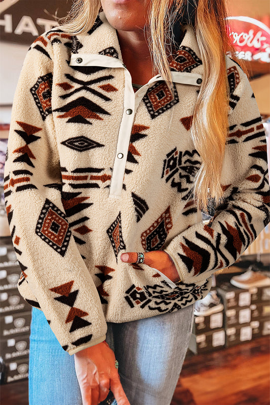 Beige Western Geometric Snap-Neck Plush Pullover