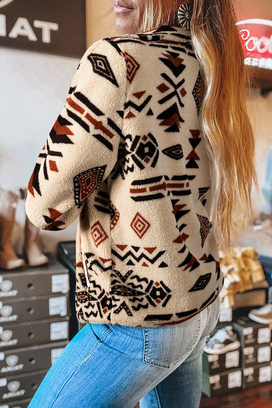 Beige Western Geometric Snap-Neck Plush Pullover