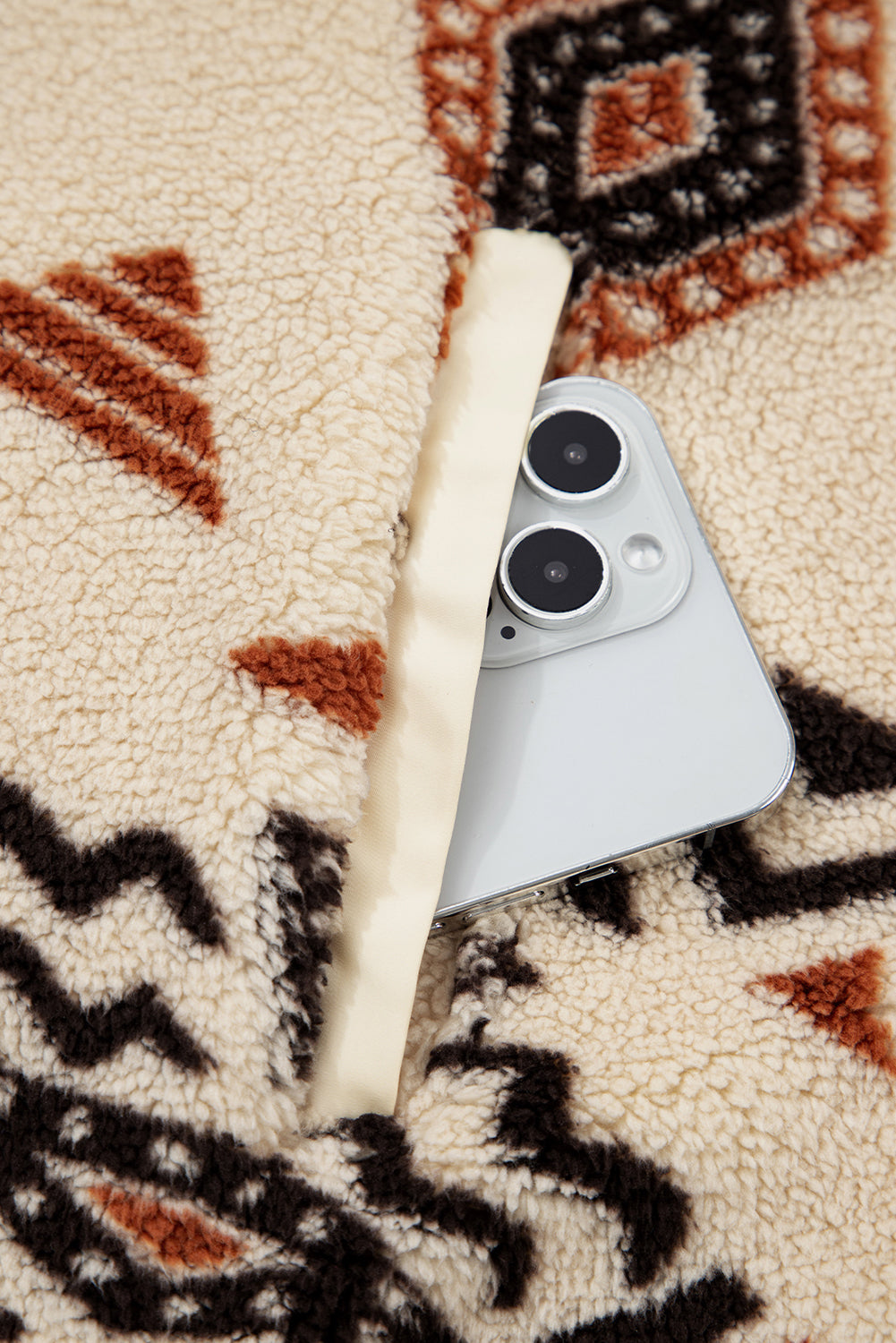 Beige Western Geometric Snap-Neck Plush Pullover