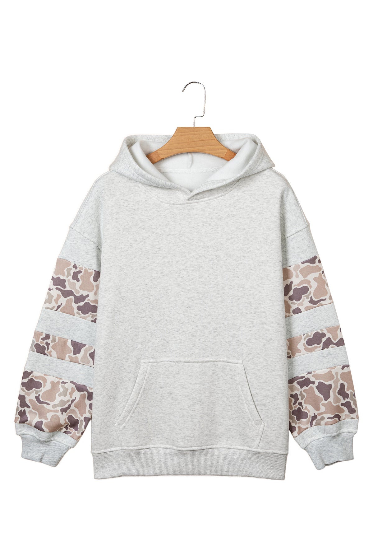Full front view of light gray camo patchwork hoodie
