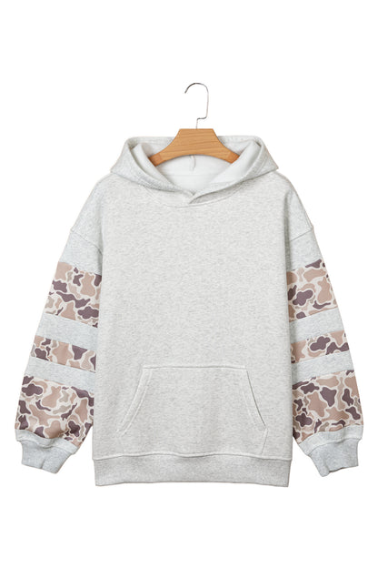 Full front view of light gray camo patchwork hoodie
