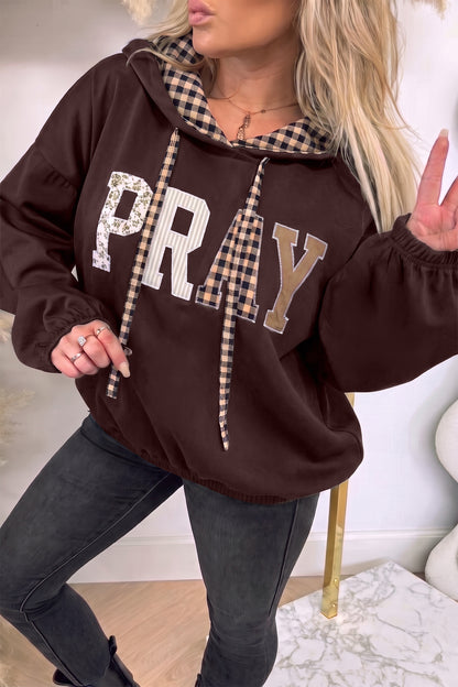 PRAY Plaid Contrast Drawstring Hoodie