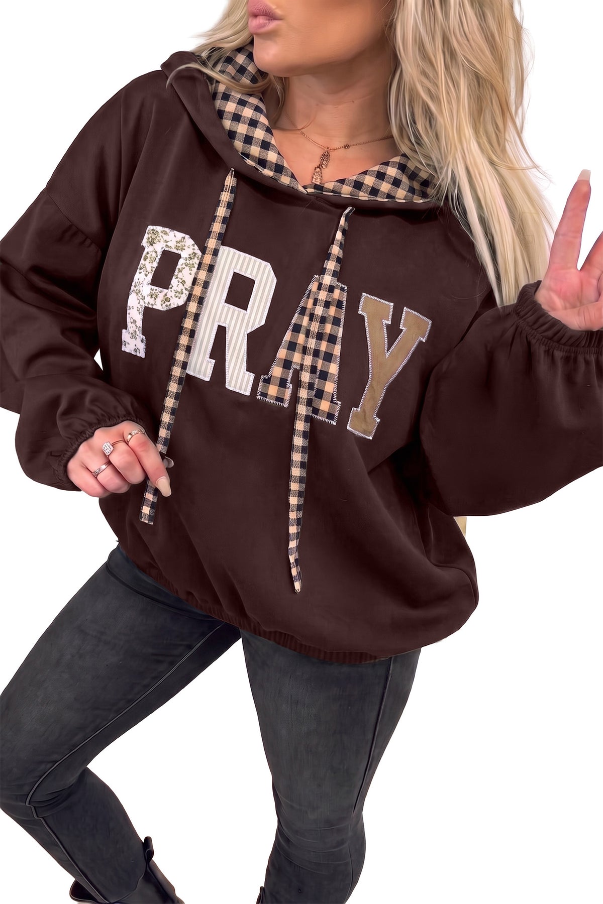 PRAY Plaid Contrast Drawstring Hoodie