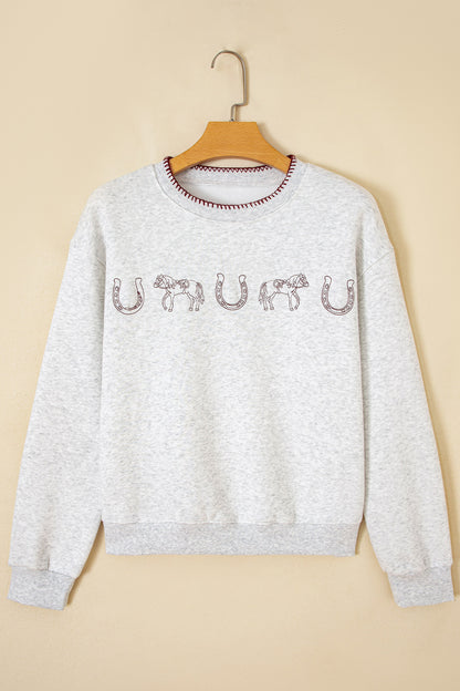 Front view of light gray embroidered western sweatshirt