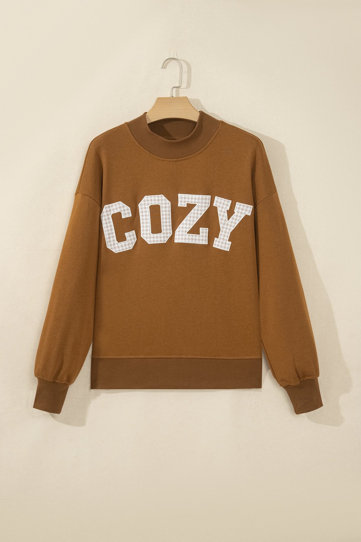 Full front view of chestnut COZY stand neck sweatshirt