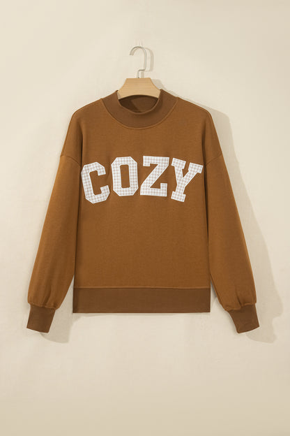 Full front view of chestnut COZY stand neck sweatshirt