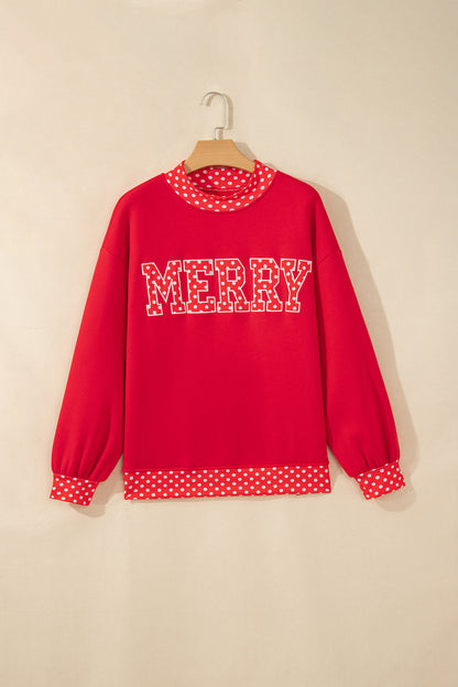 MERRY lettering and polka-dot mock neckline detail