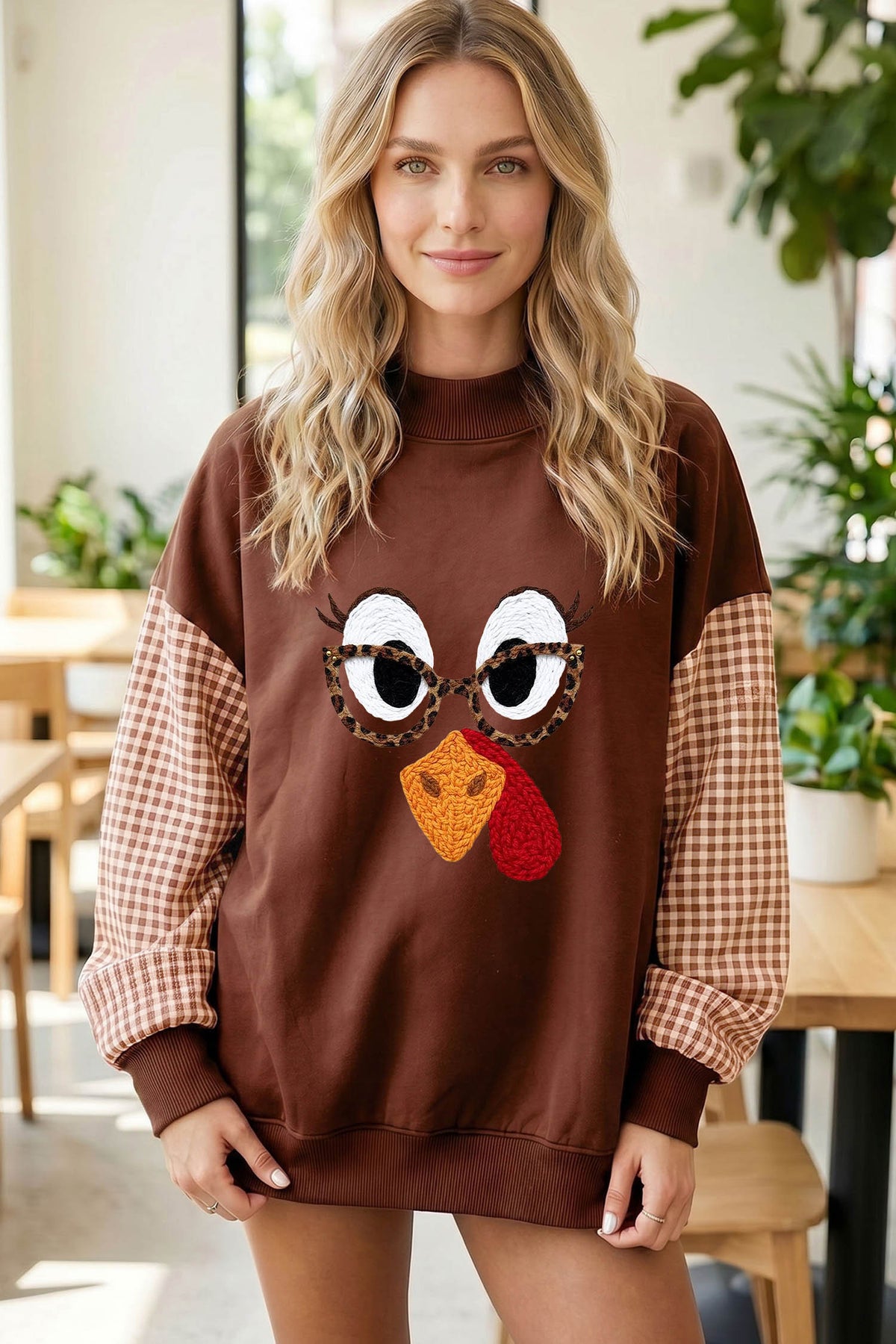 Thanksgiving Turkey Plaid Sleeve Sweatshirt