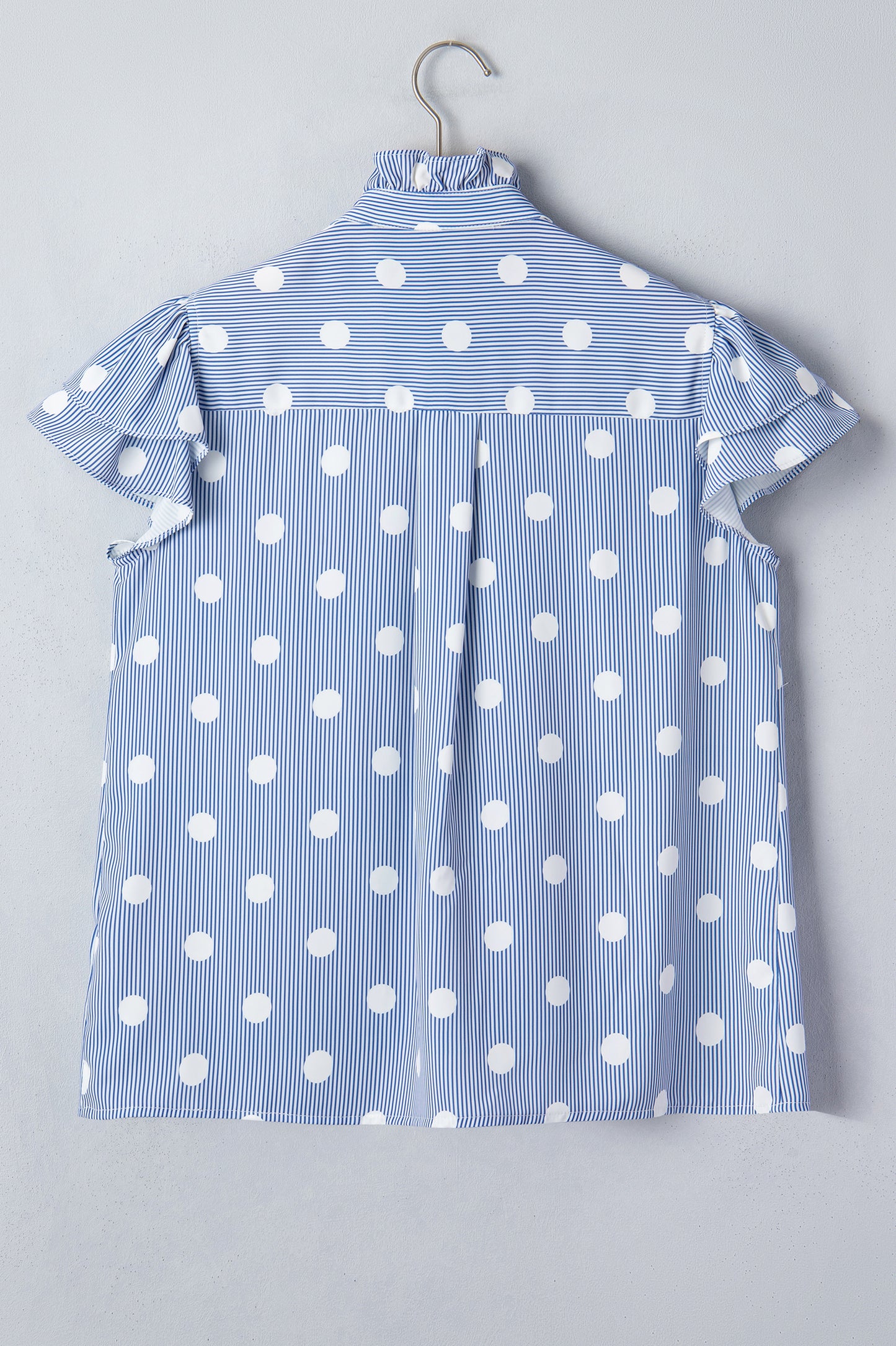 Sky Blue Stripe & Polka Dot Ruffle Sleeve Shirt