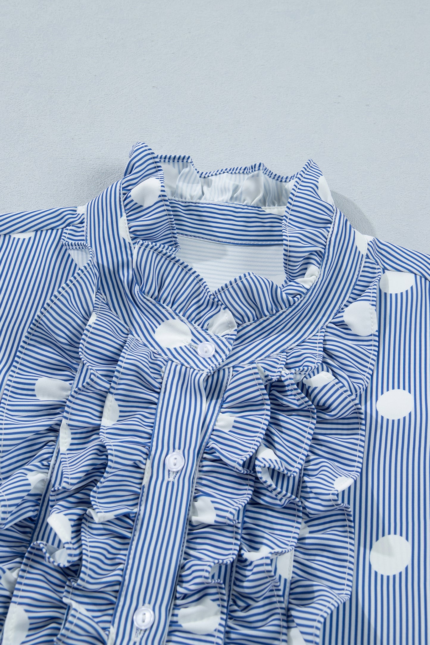 Sky Blue Stripe & Polka Dot Ruffle Sleeve Shirt