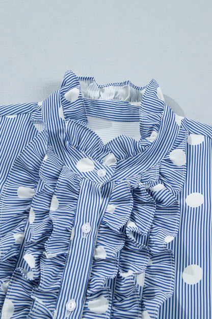Sky Blue Stripe & Polka Dot Ruffle Sleeve Shirt