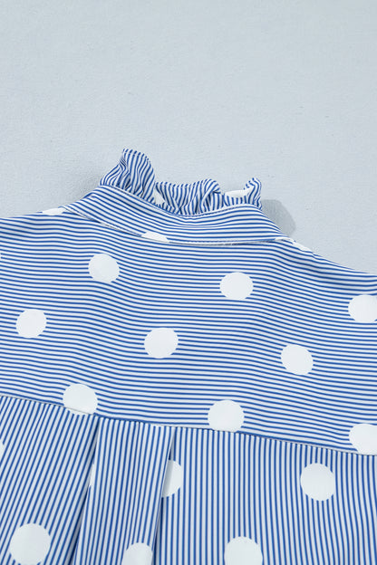 Sky Blue Stripe & Polka Dot Ruffle Sleeve Shirt