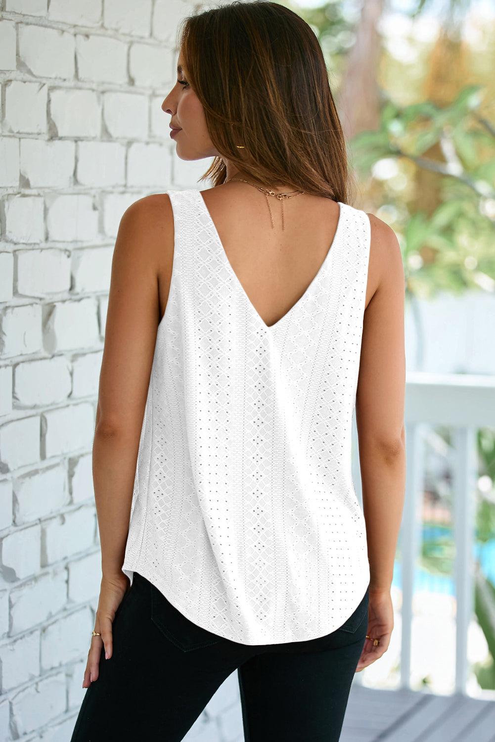 White Eyelet Knit V Neck Tank Top