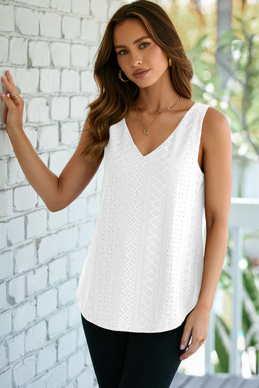 White Eyelet Knit V Neck Tank Top