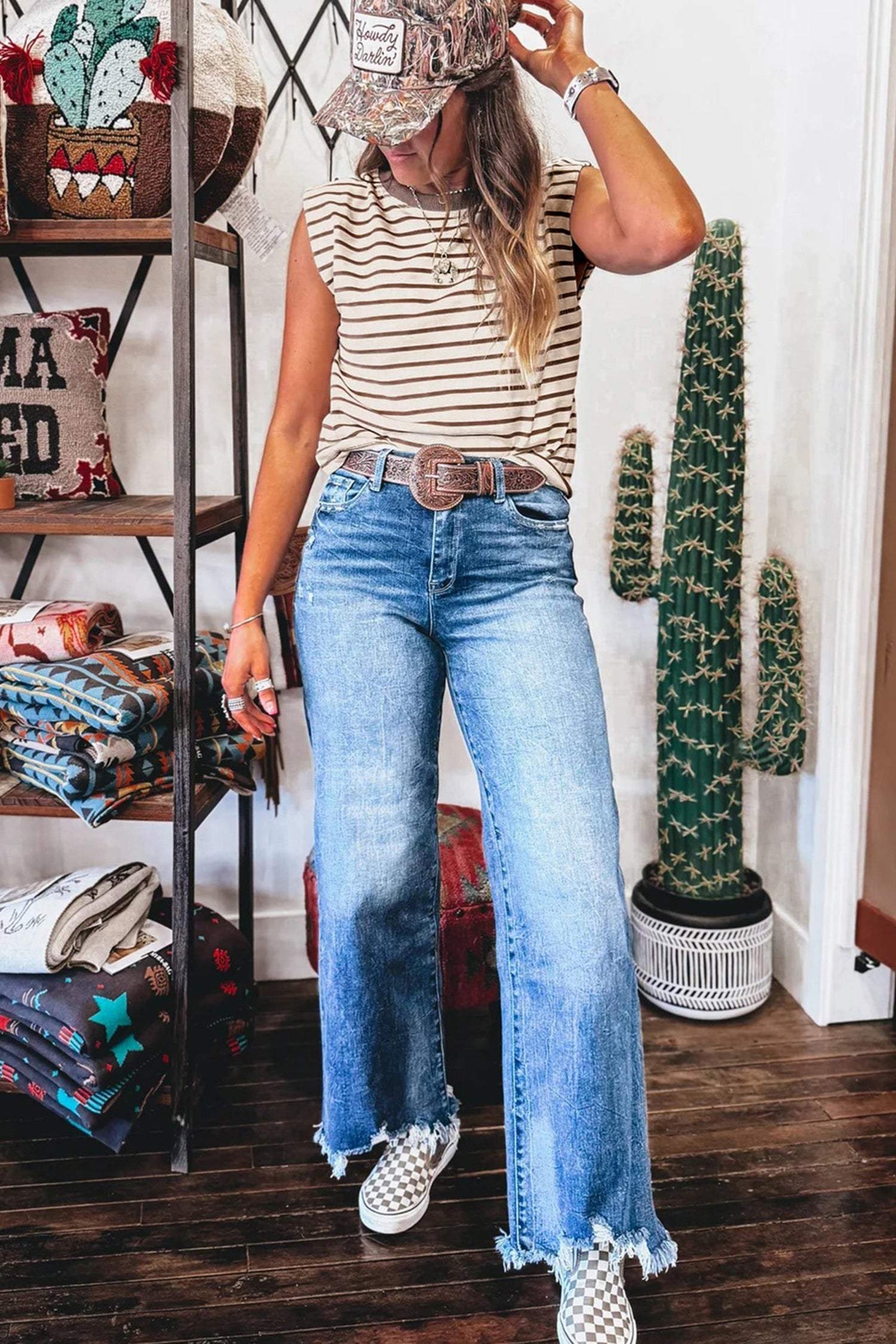 Striped Round Neck Trim Loose Tank Top