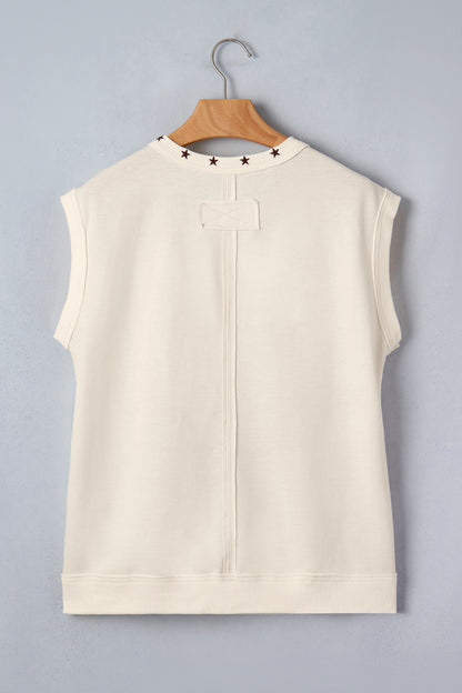 White Horseshoe Embroidered Star Trim Tank Top