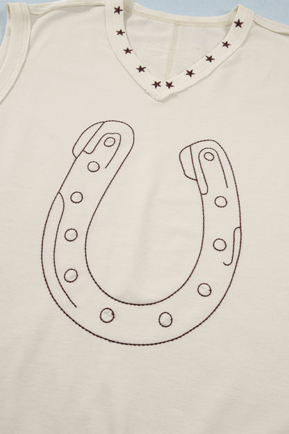 White Horseshoe Embroidered Star Trim Tank Top