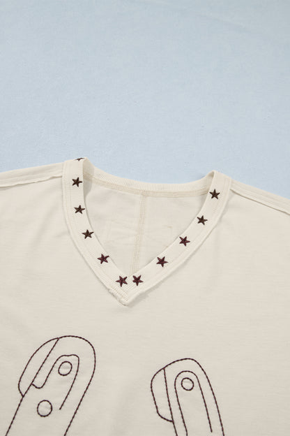 White Horseshoe Embroidered Star Trim Tank Top