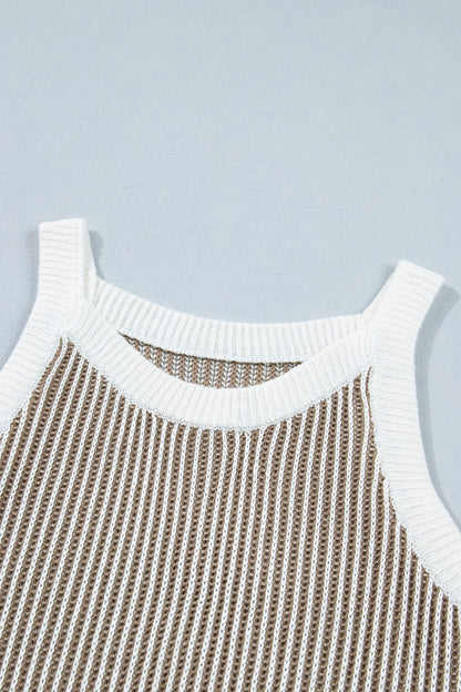 Pale khaki ribbed knit sweater tank - front mirror selfie on model with jeans showing relaxed tank fit