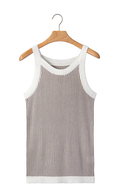 Pale khaki ribbed knit sweater tank - flat lay on hanger back view showing contrast trim at armholes and hem