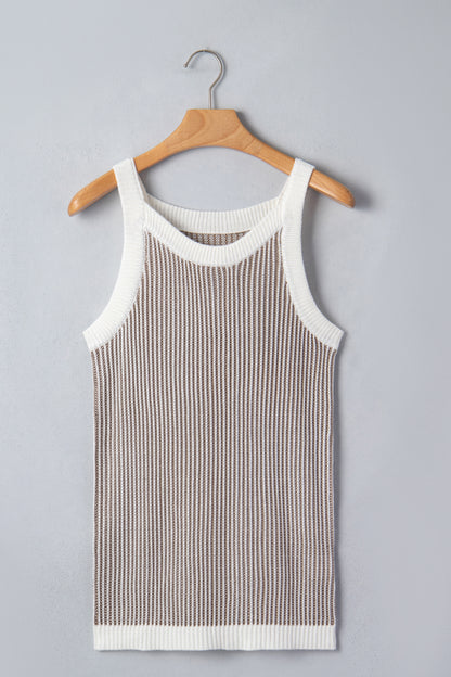 Pale khaki ribbed knit sweater tank - back on model with white pants showing contrast trim at armholes and hem