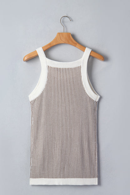 Pale khaki ribbed knit sweater tank - back on model with jeans showing contrast white trim detail throughout