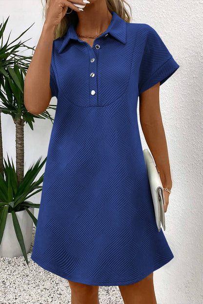 Blue Textured Polo Collar A-Line Mini Dress