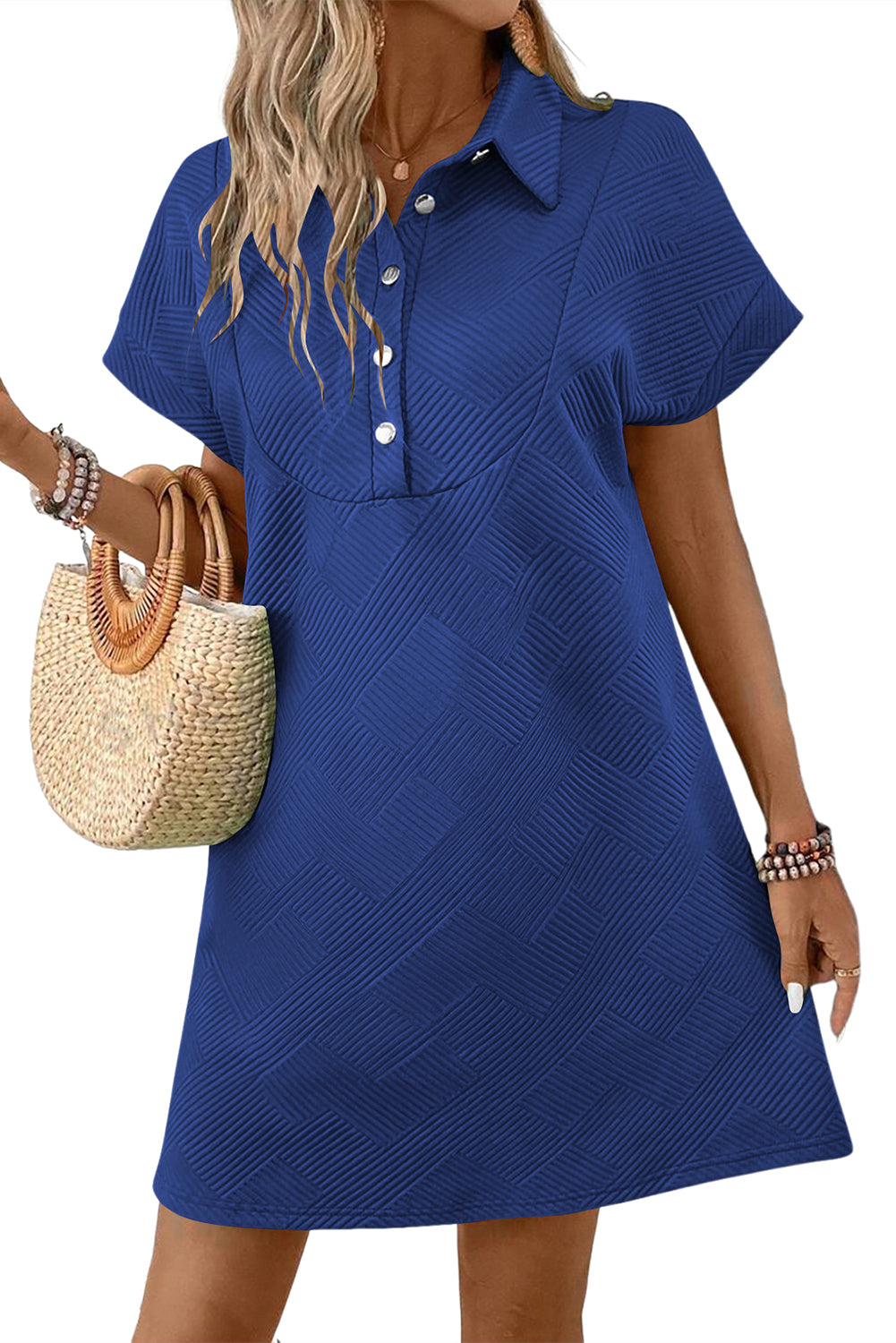 Blue Textured Polo Collar A-Line Mini Dress