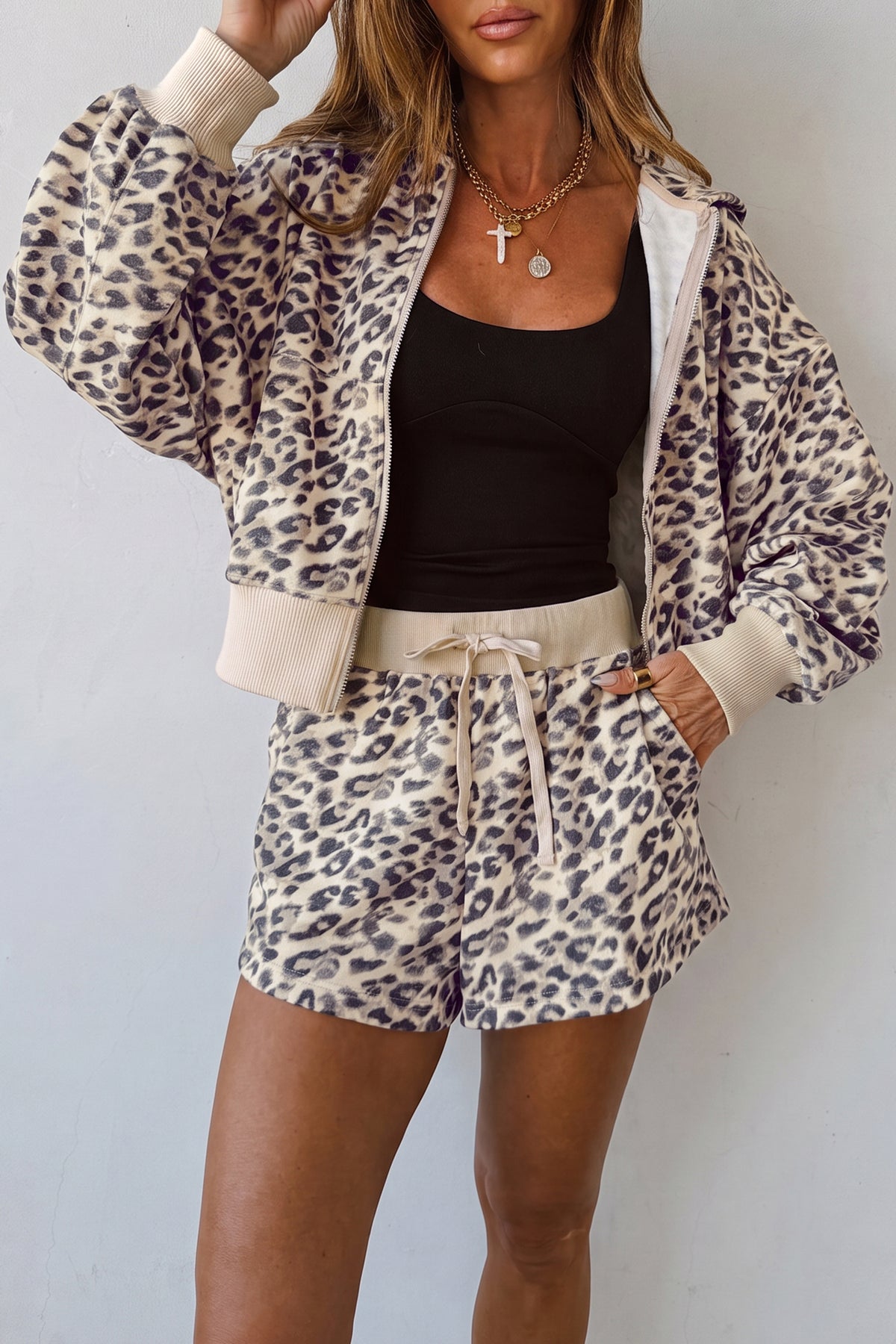 Leopard Zip-Up Hoodie & Drawstring Shorts Set