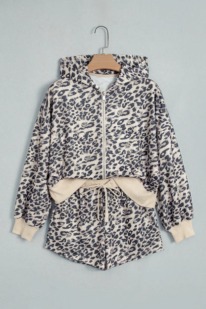 Leopard Zip-Up Hoodie & Drawstring Shorts Set