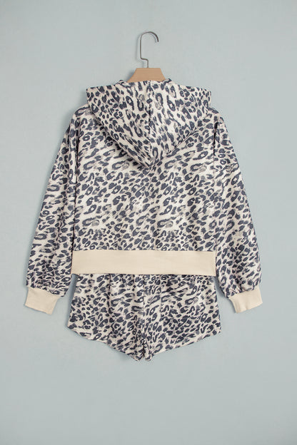 Back view of leopard hooded jacket and matching shorts