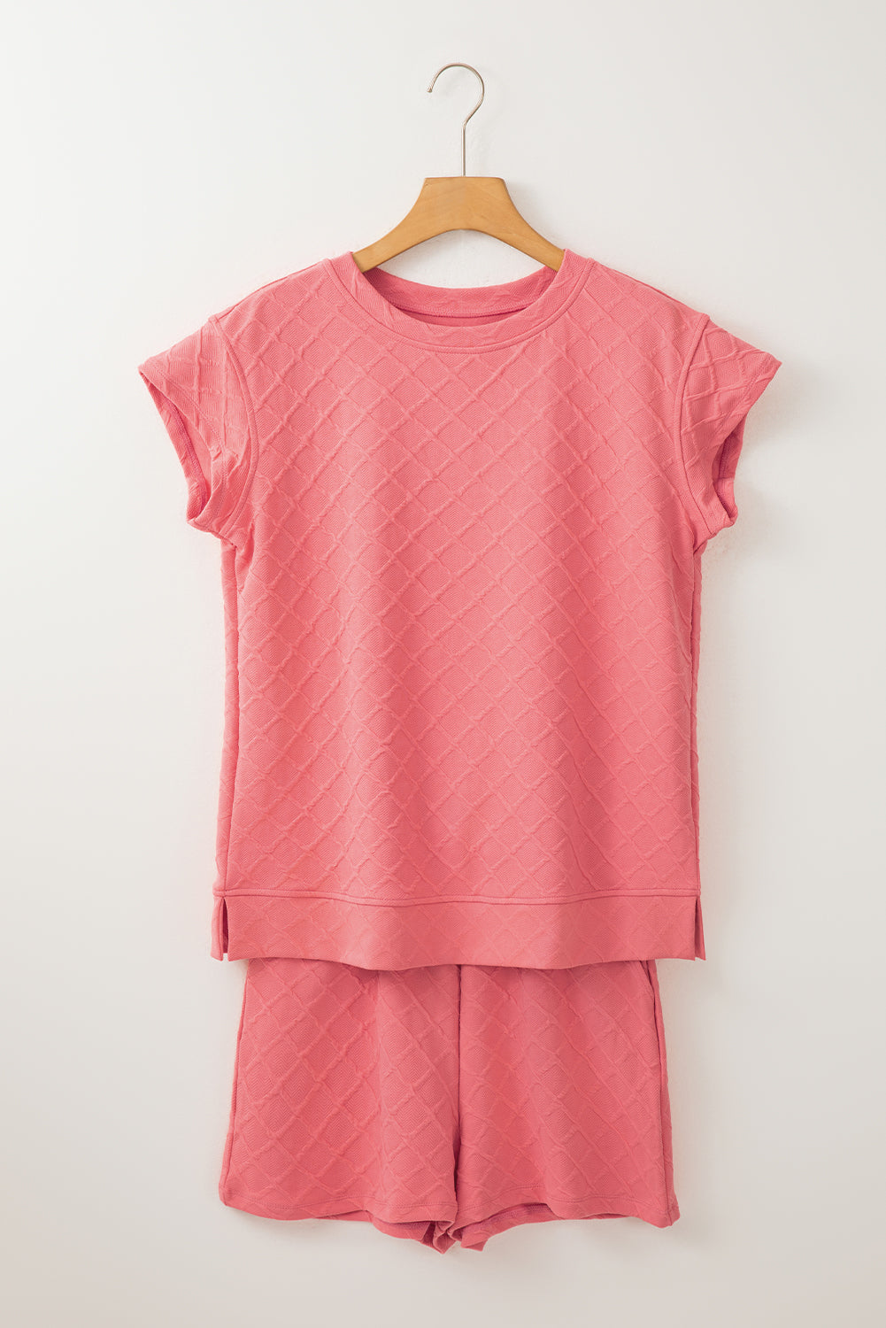 Pale Chestnut Checkered Textured Tee & Drawstring Shorts Set