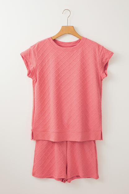 Pale Chestnut Checkered Textured Tee & Drawstring Shorts Set