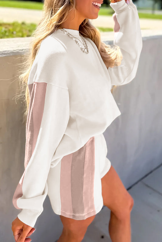 White Color Block Pullover Casual Shorts 2pcs Outfit