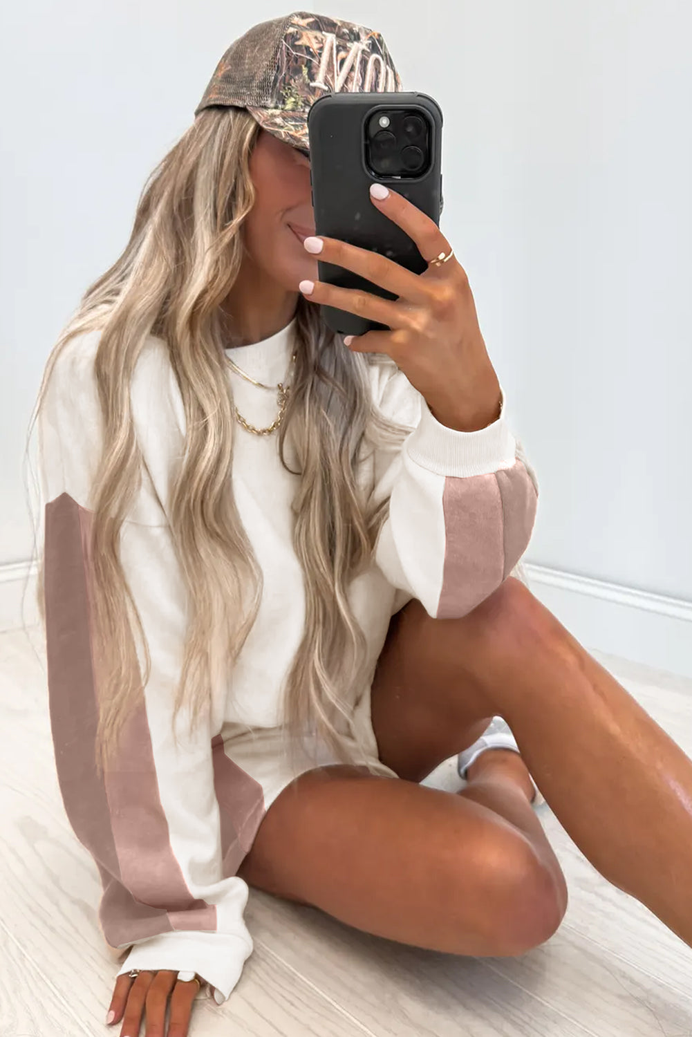 White Color Block Pullover Casual Shorts 2pcs Outfit