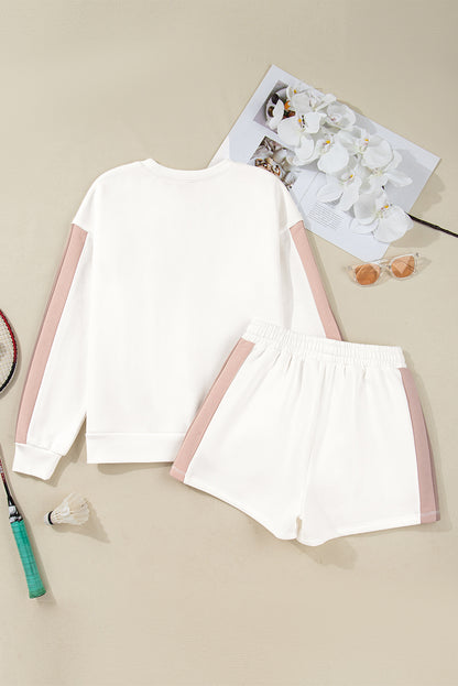 White Color Block Pullover Casual Shorts 2pcs Outfit