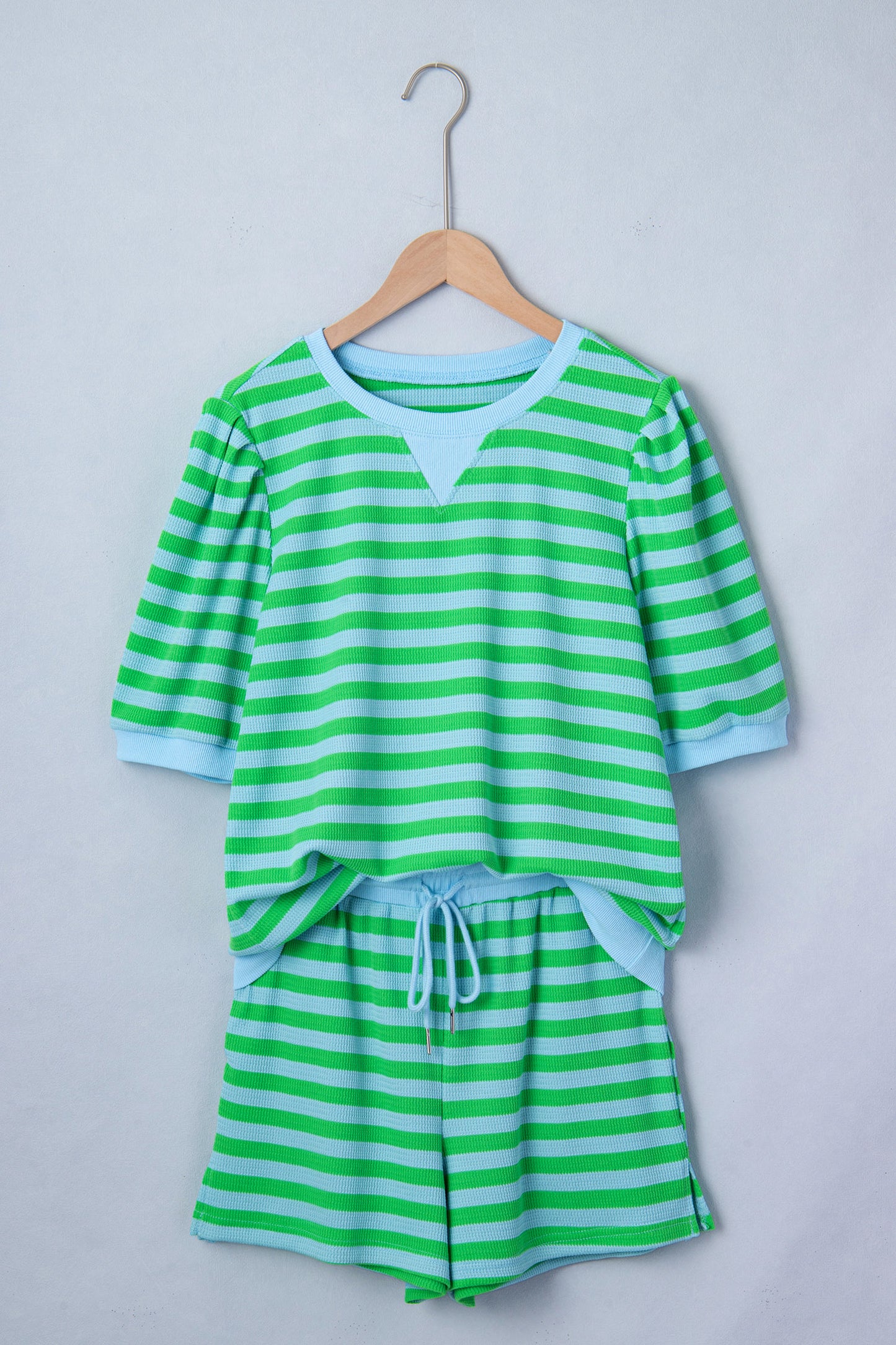 Green stripe puff sleeve matching set - front on model with sunglasses and gold jewelry showing full set and notched neckline