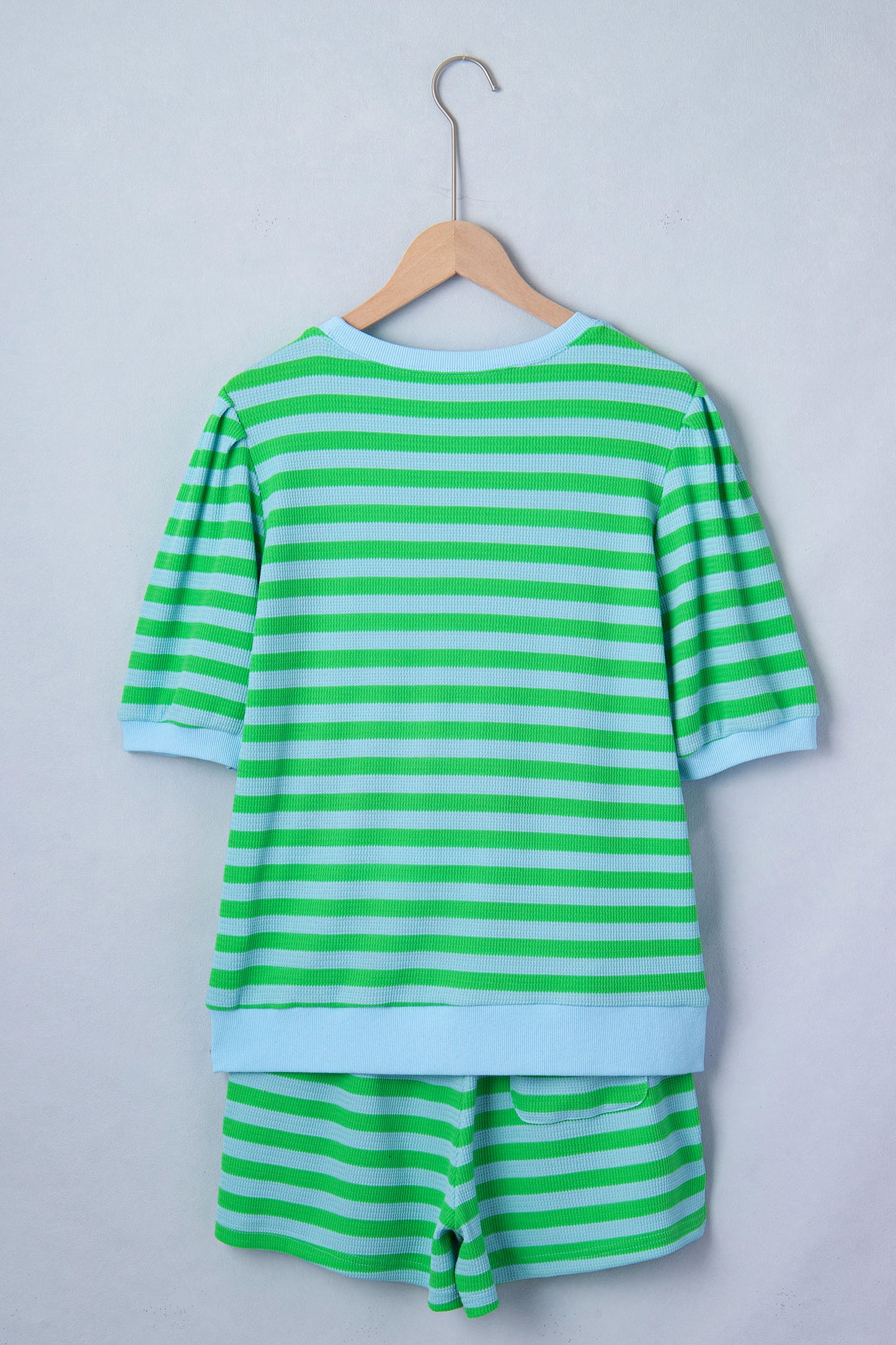 Green stripe puff sleeve matching set - back on model showing puff sleeves and shorts back pockets