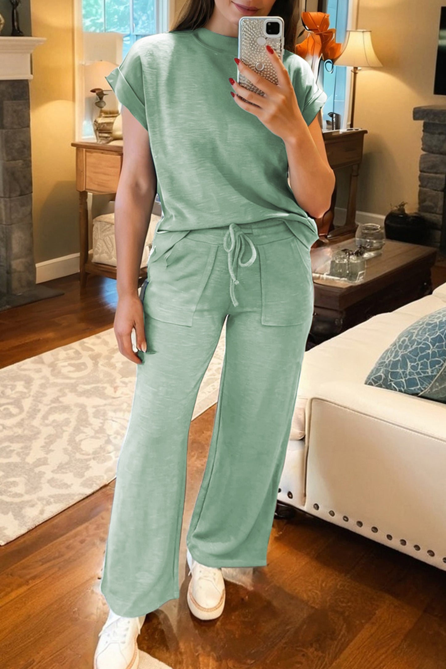 Cuffed Short Sleeve Tee Raw Seam Patch Pocket Drawstring Pants Set