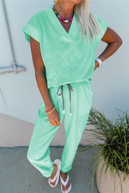 V Neck Tee Drawstring Pant Set