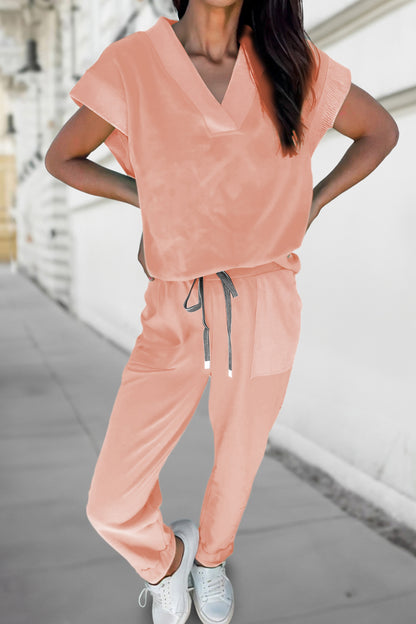 V Neck Tee Drawstring Pant Set