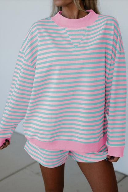 Pink Stripe Color Block Detail Long Sleeve Pullover & Elastic Waist Shorts Set