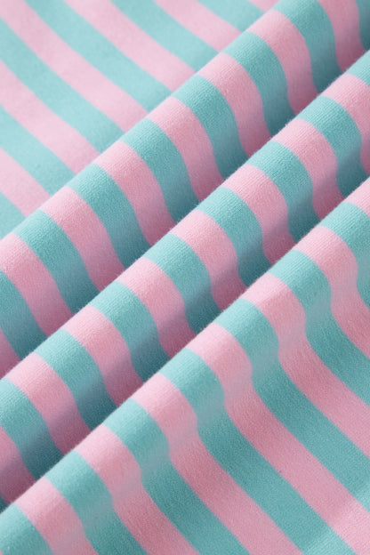 Pink Stripe Color Block Detail Long Sleeve Pullover & Elastic Waist Shorts Set