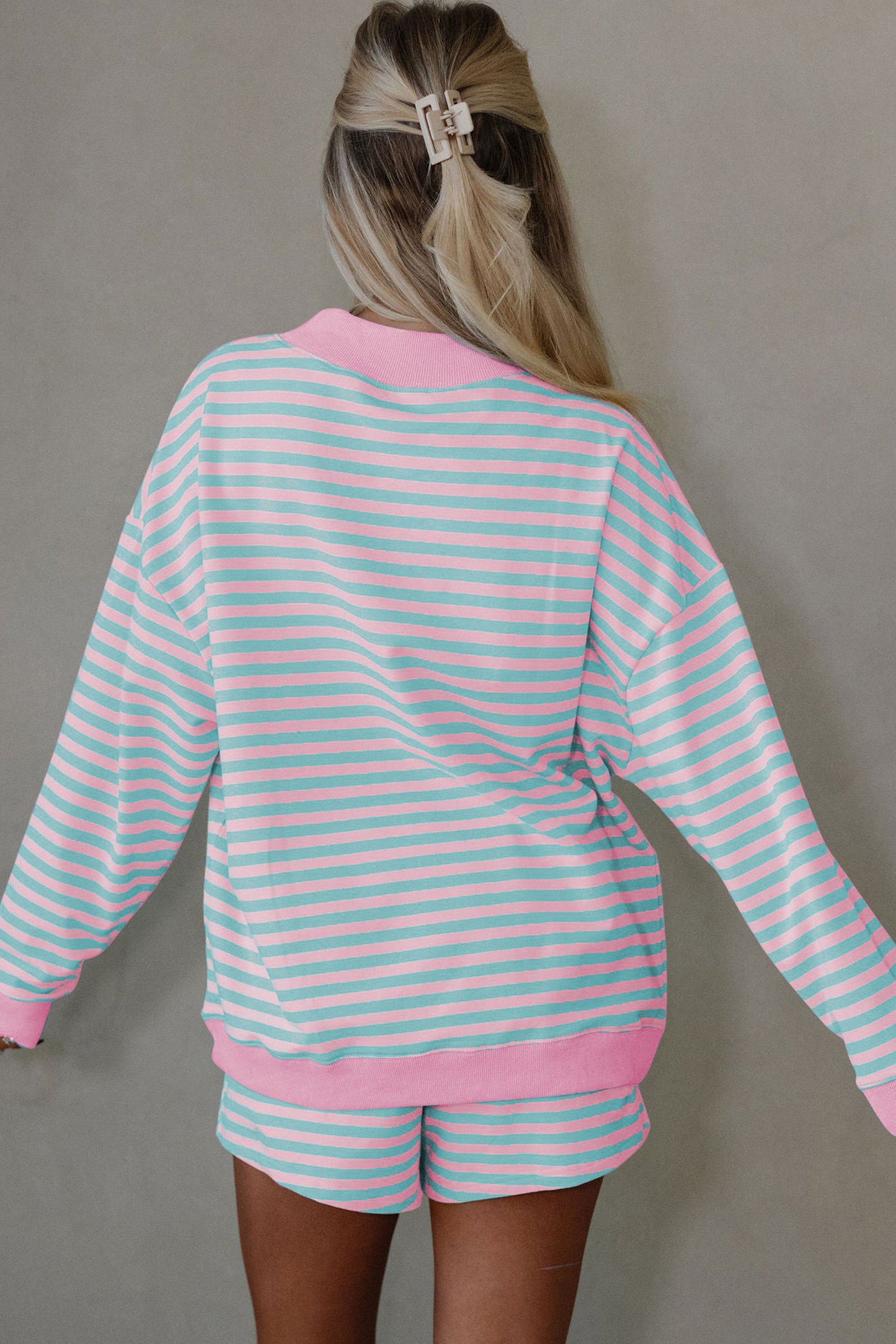 Pink Stripe Color Block Detail Long Sleeve Pullover & Elastic Waist Shorts Set